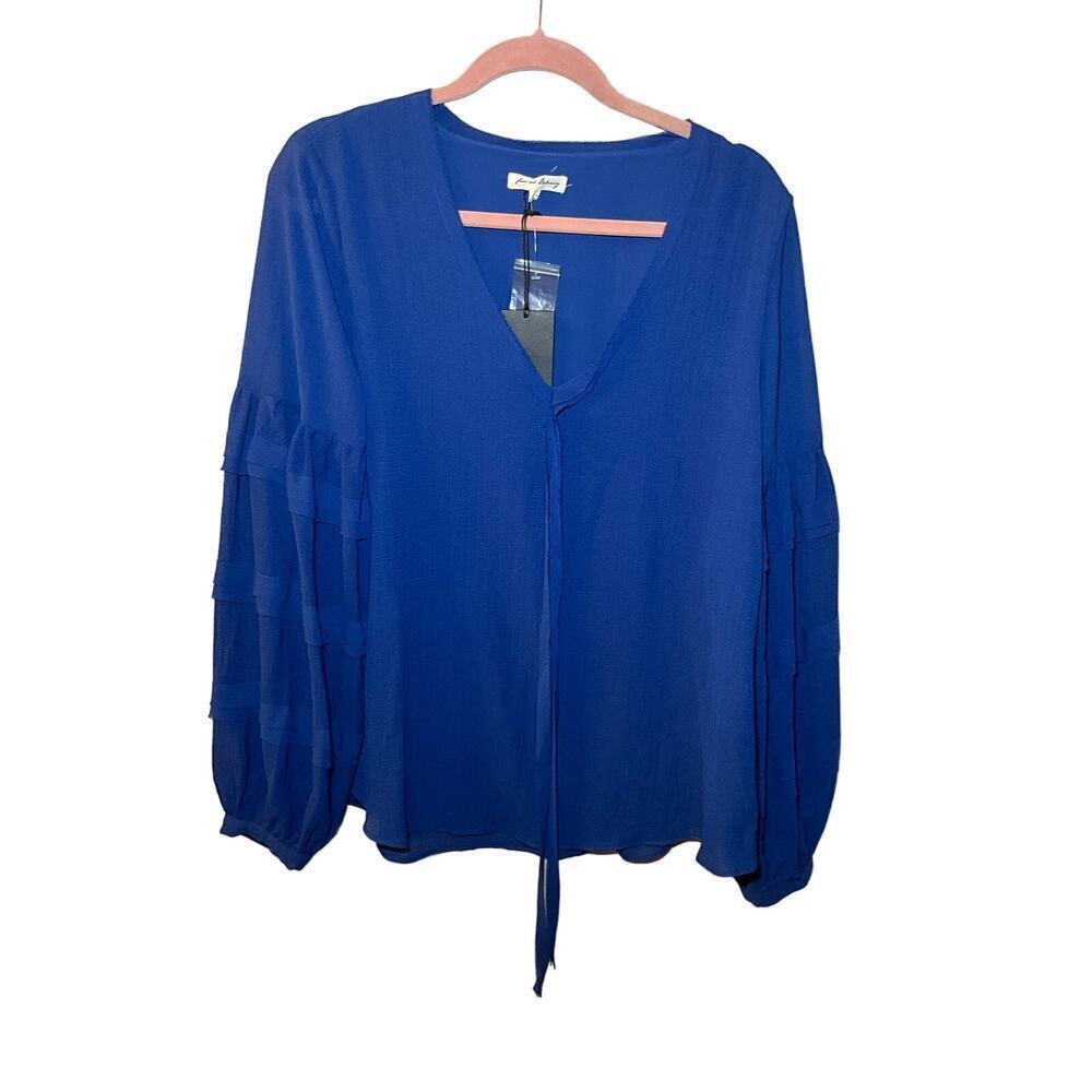 Jane and Delancey Blouse Top Women's L Blue Deep V-Neck‎ Long Sleeve Polyester